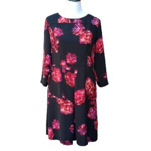 Covington Black Dress Bold Red Floral Print 3/4 Sleeves Classic Office Wear